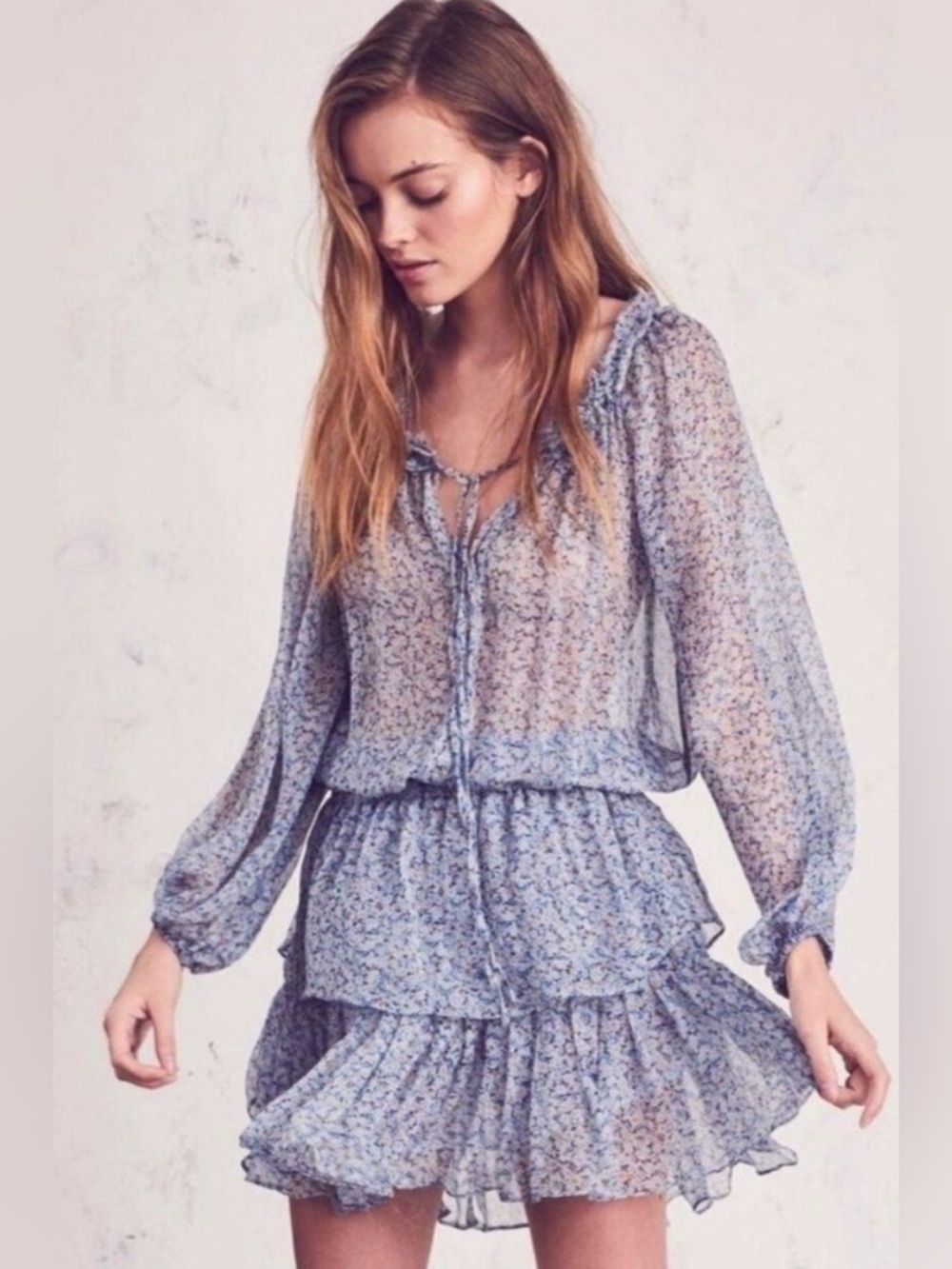 LoveShackFancy Silk Popover Floral Mini Dress in Ocean Breeze Size Large
